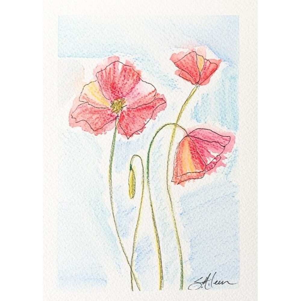 Watercolor Painting Expressive Floral Poppies Blue Sky Impressionist Signed 5x7